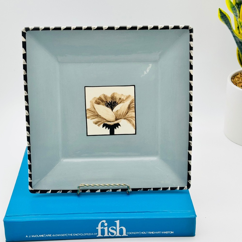 Vintage M. Moroz Signed Square Ceramic Floral Art Plate Blue‎ Sepia 10in